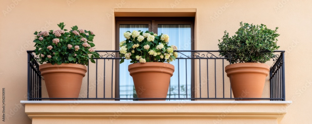 Elegant Balcony Garden Terra Cotta Pots with Hydrangeas and Greenery, Balcony Plants , Container Gardening Elegant Balcony Garden Terra Cotta Pots with Hydrangeas and Greenery, Balcony Plants , Container Gardening