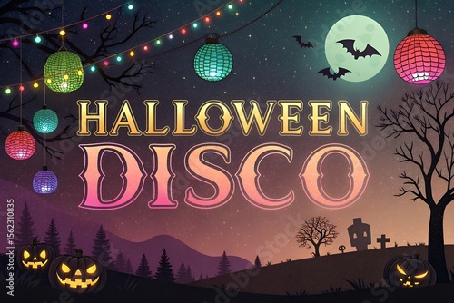 Spooky halloween disco night with colorful lanterns jack o lanterns bats flying around a full moon and a graveyard scene