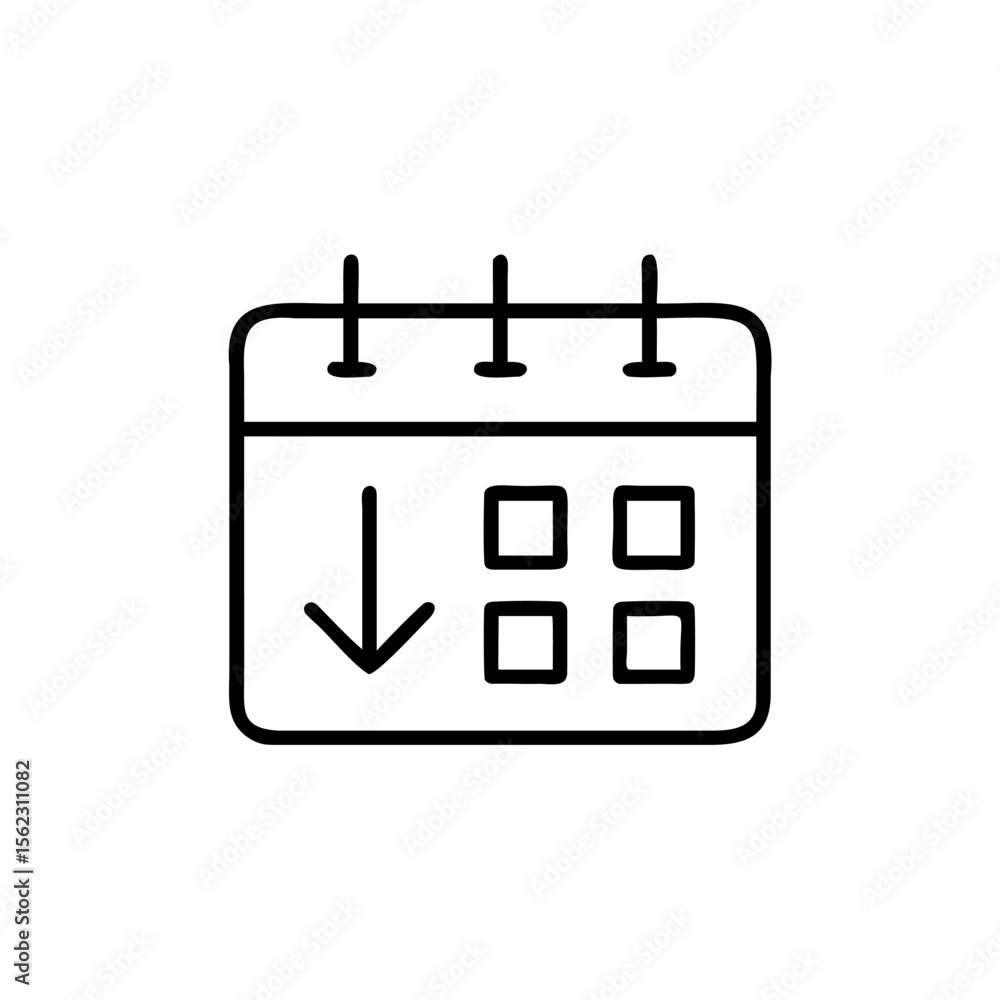 Calendar icon with arrow pointing down four small squares on schedule date Calendar icon with arrow pointing down four small squares on schedule date