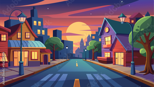 Cartoon Cityscape at Dusk Houses, Buildings, Streetlights, and a Fading Sunset Sky