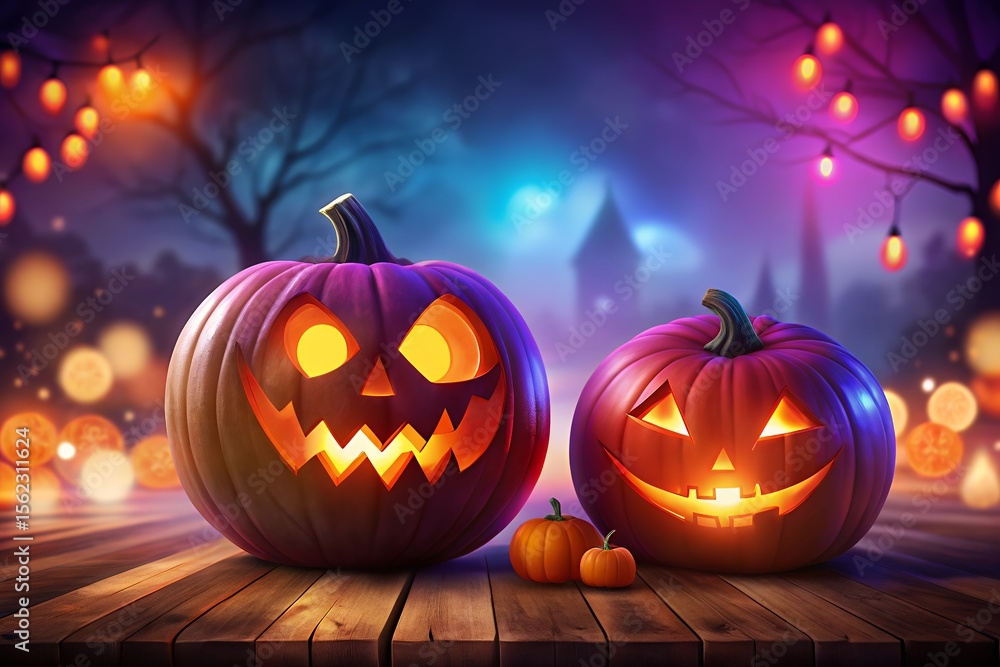 Fototapeta premium Spooky halloween night with glowing carved pumpkins and festive string lights creating a magical and eerie atmosphere on a wooden surface