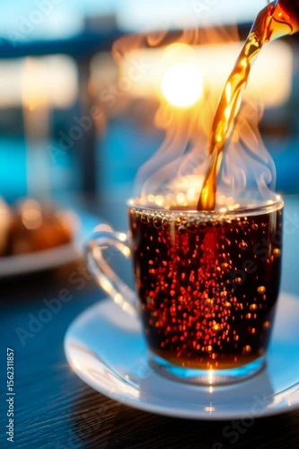 Transparent glass cup catching a flow of hot tea, steam swirling in sunlight, fluid movement, subtle backlight, cinematic close-up of calming ritual