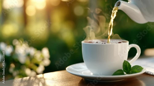 Close-up of hot tea being poured into a matte ceramic cup, backlit by golden sunset, steam rising gently, soft slow motion with warm nostalgic glow