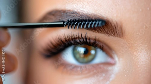 Close-up macro footage of a beautiful model applying eyebrow makeup, evening look with mascara and lashes, elegant beauty routine