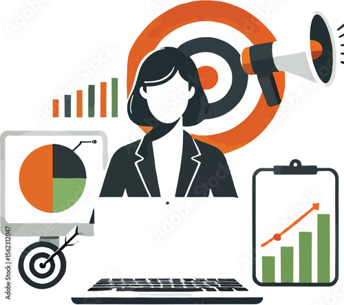 Businesswoman analyzing data and achieving targets with charts and graphs for success and marketing strategies