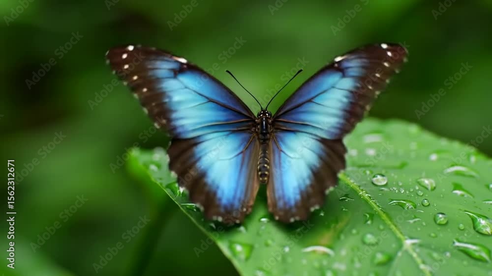 Vibrant Blue Morpho butterfly slowly opens its stunning iridescent wings while resting on a wet green leaf with raindrops in a lush tropical rainforest, a beautiful macro close-up. Vibrant Blue Morpho butterfly slowly opens its stunning iridescent wings while resting on a wet green leaf with raindrops in a lush tropical rainforest, a beautiful macro close-up.