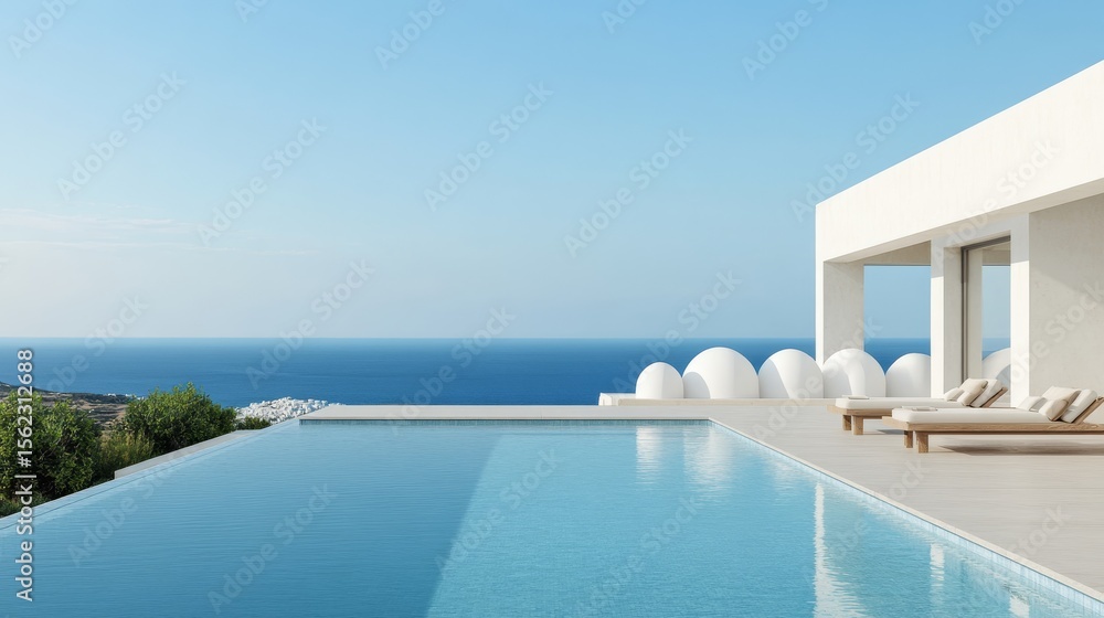 Fototapeta premium Infinity Pool at Modern White Villa with Ocean View, Santorini style , luxury travel