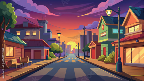 Colorful Cartoon City Street at Sunset with Crosswalk, Buildings, and Trees