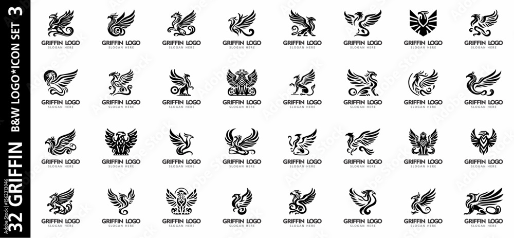 Naklejka premium Set of 32 black and white griffin logos in unique vector style. Perfect for fantasy branding, heraldic emblems, and creative design projects.