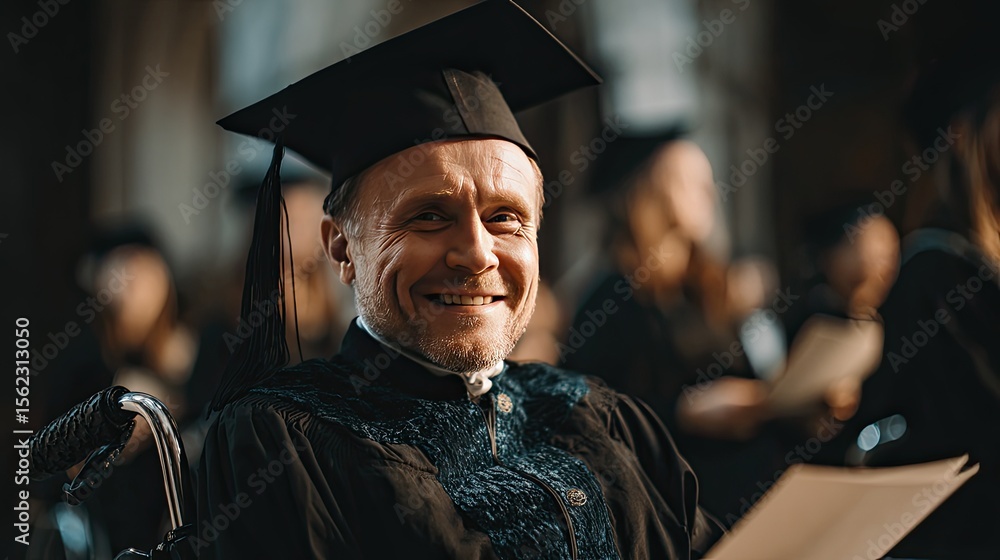 Fototapeta premium A photorealistic portrait of a proud European man in a wheelchair graduating from a university ceremony, wearing a cap and gown and smiling as he holds his diploma