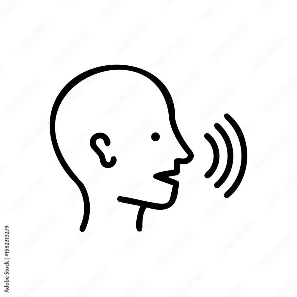 Line art a human head profile speaking with sound waves on speech communication Line art a human head profile speaking with sound waves on speech communication