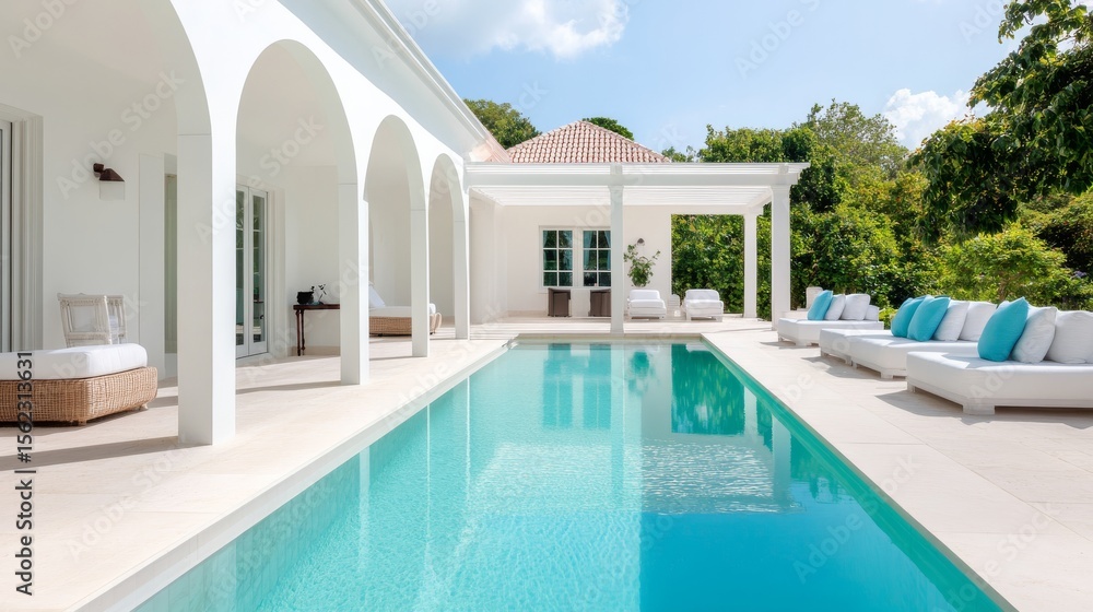 Fototapeta premium Luxury Poolside Villa with Arches, turquoise water, relaxation , Villa, Pool