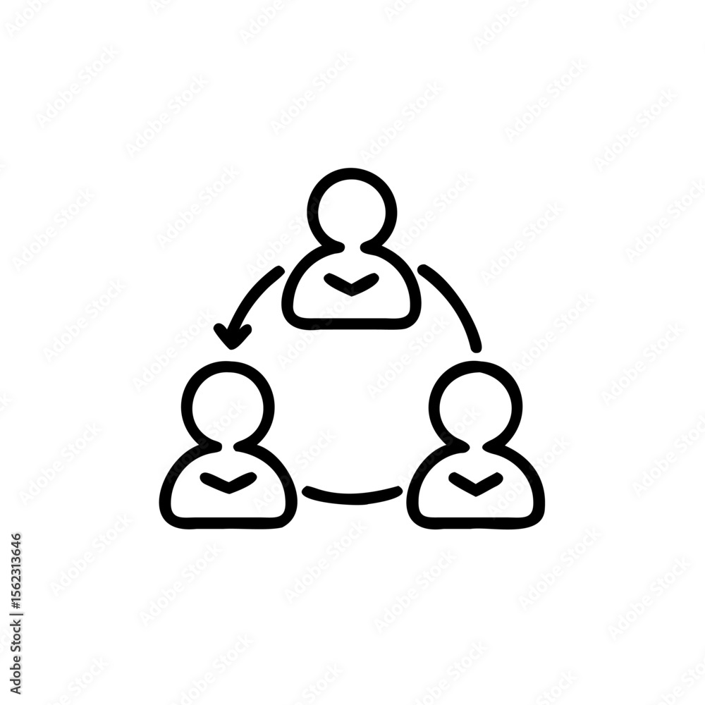 Line art three stylized people connected by arrows on a human figures Line art three stylized people connected by arrows on a human figures