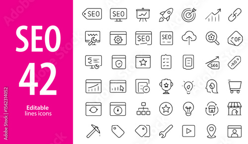 SEO Line Icons, Keyword Optimization, Analytics, Link Building, Ranking, Content Strategy, Editable Formats: AI, EPS, JPG, PNG, Ideal for Both Digital and Print Use
