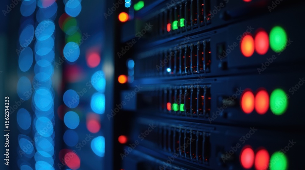 Naklejka premium A close-up of server racks in a data center with colorful blinking lights, showcasing advanced technology and network infrastructure.