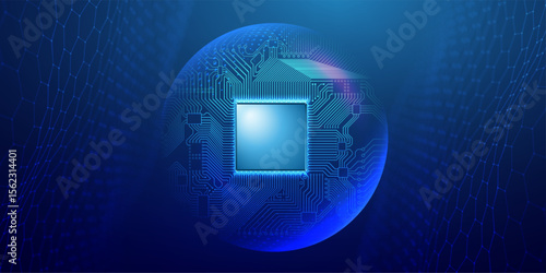 AI semiconductor circuit with tech background and abstract chip design in blue. Digital board with data line vector for futuristic cloud or computer concept. Microchip pattern for smart connection.