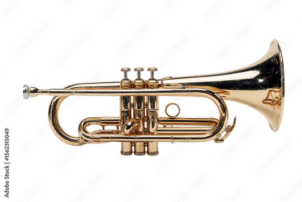 Obraz premium Close up of a golden trumpet against a black background.