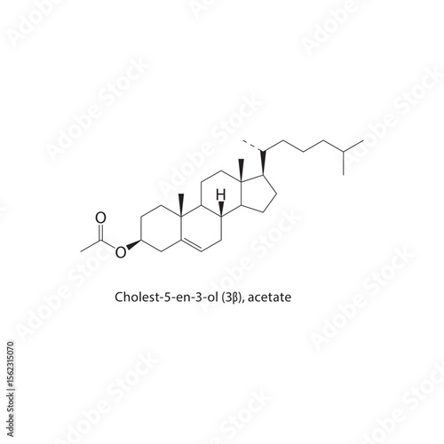 Cholest-5-en-3-ol (3β), acetate skeletal structure. Sterol ester compound schematic illustration. Simple diagram, chemical formula.