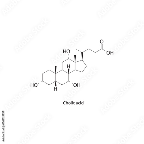 Cholic acid skeletal structure. Bile acid compound schematic illustration. Simple diagram, chemical formula.