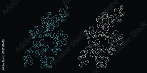 Rhinestone hotfix transfer design.Abstract beautiful glitter appliqué rhinestone motif vector design, Unique modern rhinestone flower vector design,