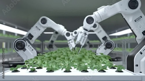 CGI animation of automated vertical farming with robotic arms tending to plants in a futuristic smart farm. High-tech hydroponic system showing the future of agritech and food production.