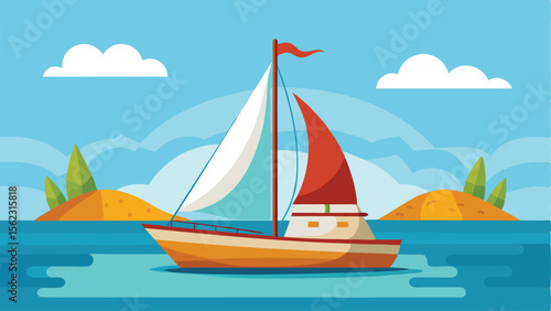 Cartoon Illustration of a Sailboat on the Water Near Islands Under a Cloudy Sky