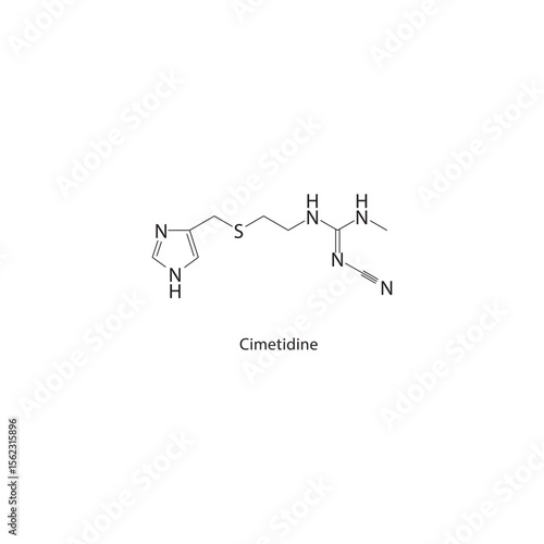 Cimetidine skeletal structure. H2 receptor antagonist compound schematic illustration. Simple diagram, chemical formula.