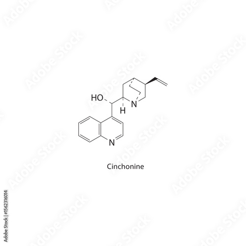 Cinchonine skeletal structure. Alkaloid compound schematic illustration. Simple diagram, chemical formula.