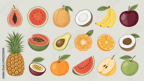 A delightful assortment of fresh fruits showcases vibrant tropical and temperate varieties, perfect for healthy eating and colorful designs.