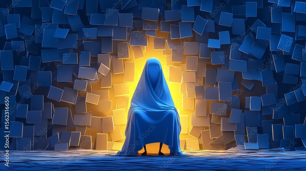 A tranquil figure draped in blue sits amidst a geometric backdrop, symbolizing introspection and calm. A tranquil figure draped in blue sits amidst a geometric backdrop, symbolizing introspection and calm.