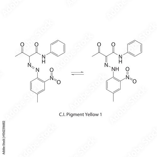C.I. Pigment Yellow 1 skeletal structure. Azo dye compound schematic illustration. Simple diagram, chemical formula.