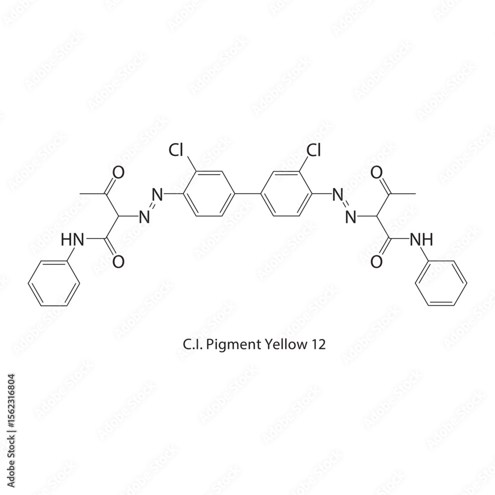 Fototapeta premium C.I. Pigment Yellow 12 skeletal structure. Synthetic pigment compound schematic illustration. Simple diagram, chemical formula.