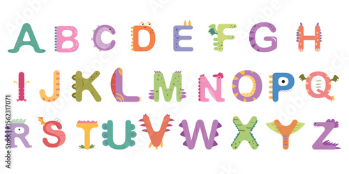 English alphabet, dinosaur fonts for children. Vector in flat style, isolated cute and funny dino features for learning and education. ABC typeset for childish typography and kids design