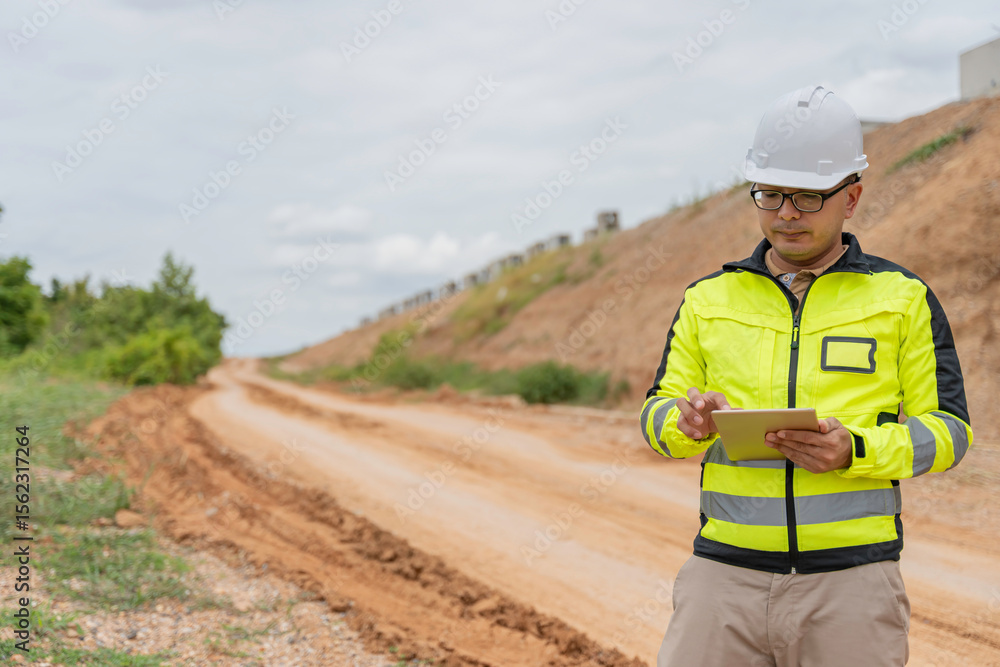 An Asian male engineer works at a motorway bridge construction site,Civil worker inspecting work on crossing construction,Supervisor working at high-speed railway construction site An Asian male engineer works at a motorway bridge construction site,Civil worker inspecting work on crossing construction,Supervisor working at high-speed railway construction site