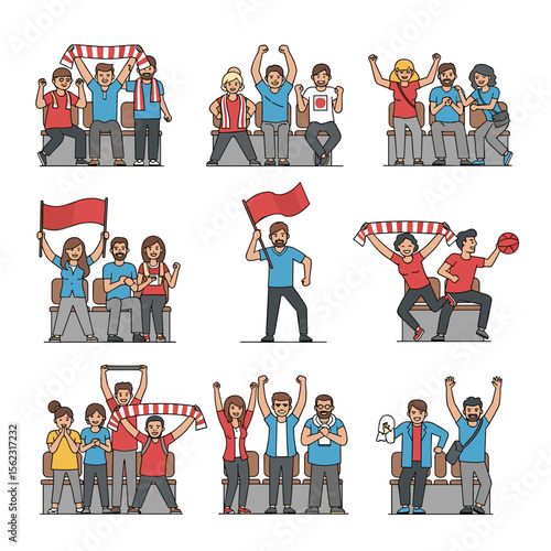 Cheering Crowd: Diverse Fans with Flags, Scarves, and Enthusiastic Gestures