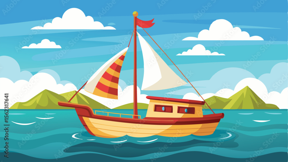 Naklejka premium Cartoon Sailing Boat on Blue Sea with Green Hills and Cloudy Sky