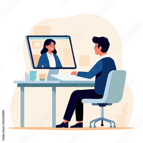 Man and woman having a video conference call while working at their desks