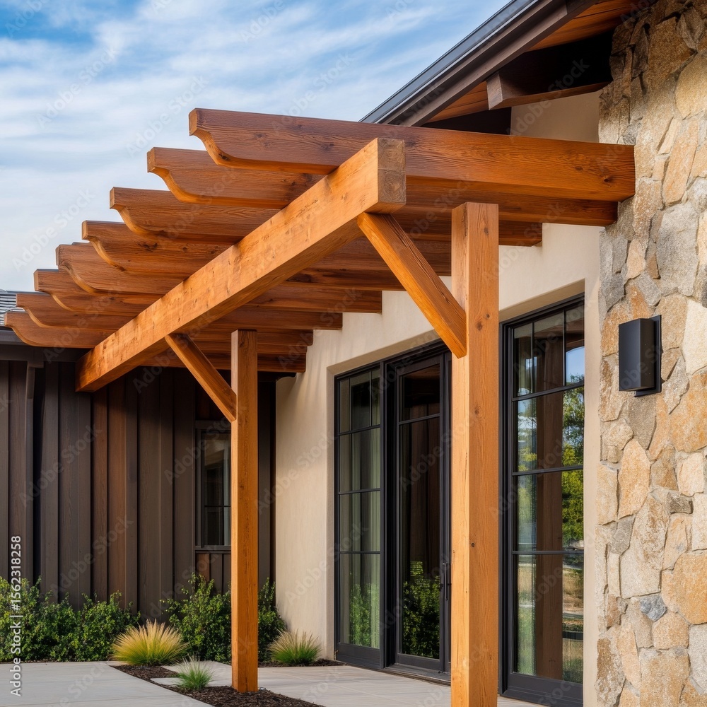 Modern Home with Wood Pergola, Stone Accent Wall, Architecture ,Design Modern Home with Wood Pergola, Stone Accent Wall, Architecture ,Design