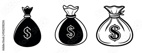 Minimal Black Silhouette Money Bag Icon with Dollar Symbol  Vector Style Design