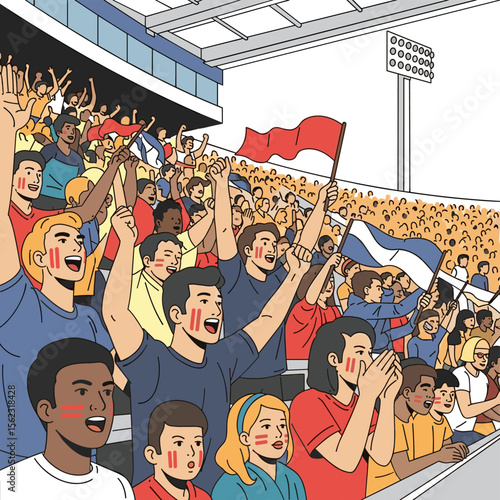 Enthusiastic Crowd of Diverse Fans Cheering at a Sporting Event