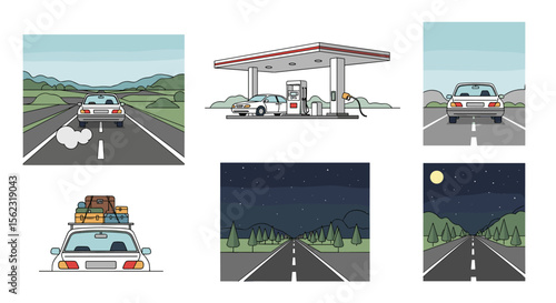 Road Trip Stages: Daytime Drive, Fuel Stop, Night Journey