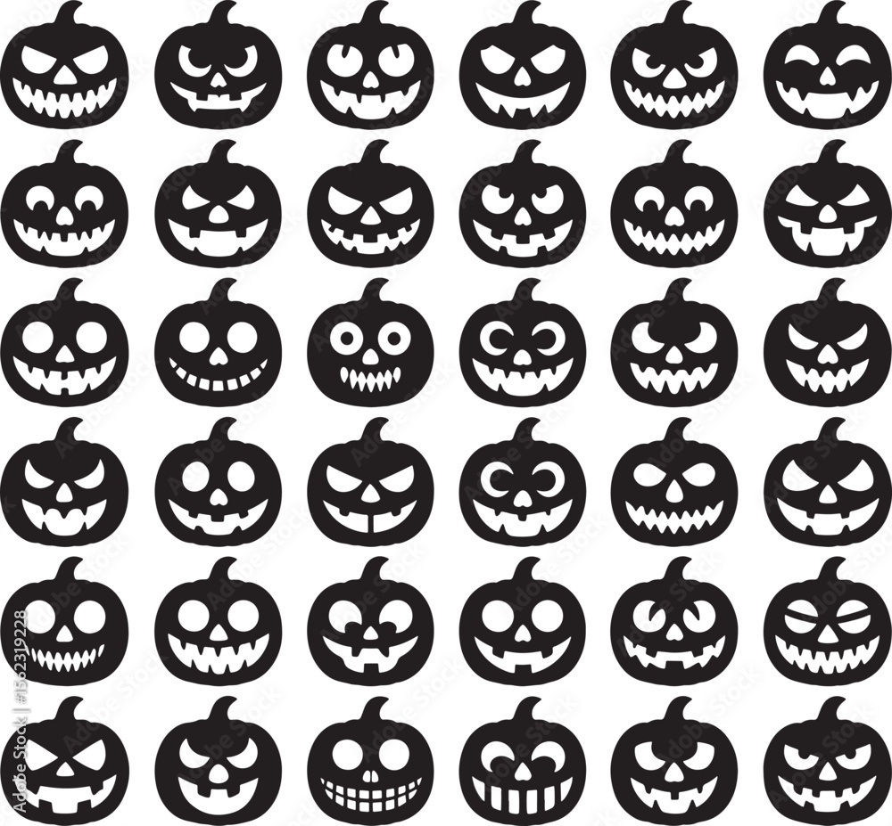 Black And White Stencil Style Halloween Pumpkin Faces Pattern Various Expressions vector Black And White Stencil Style Halloween Pumpkin Faces Pattern Various Expressions vector