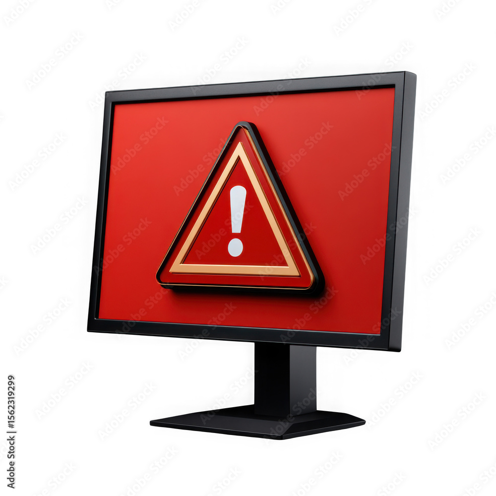 Computer monitor displaying a red warning triangle with an exclamation mark isolated on transparent background Computer monitor displaying a red warning triangle with an exclamation mark isolated on transparent background