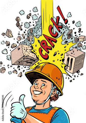 Helmet saves worker from brick. Safety at enterprises and construction sites. Reliable protection from unexpected problems.