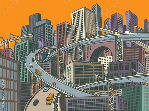 Megapolis city with many roads high. Urbanism is a modern problem. Sale of real estate and tourist trips to the capitals of the world.