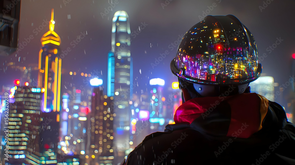 Worker gazes at illuminated city skyline during snowfall. Reflective safety helmet reflects city lights Worker gazes at illuminated city skyline during snowfall. Reflective safety helmet reflects city lights