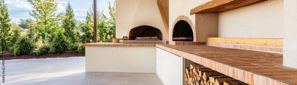 Fototapeta premium Outdoor Kitchen Design with Brick Oven, Grill, Wood Storage and Landscape, outdoor kitchen , brick oven