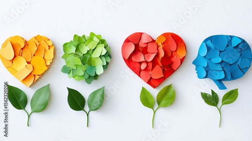 Mental health symbols on a white background, ideal for mental health awareness, self-care, and emotional well-being visuals.