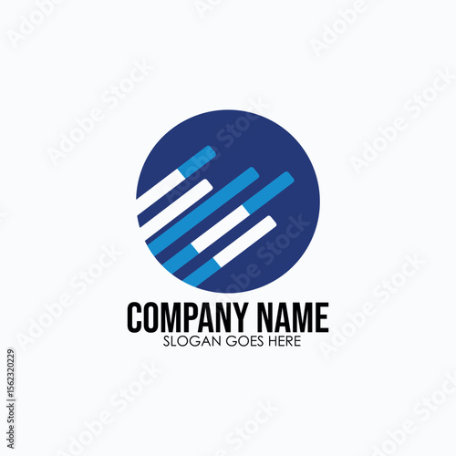 Modern circle logo with diagonal white and blue bars inside, representing connection, data or communication