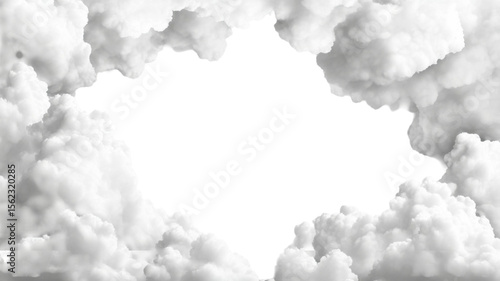 Fototapeta Naklejka Na Ścianę i Meble -  White cumulus clouds forming soft fluffy frame border in sky shape on white background